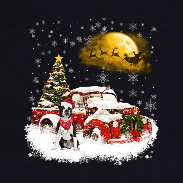 Red Truck Xmas Tree Black Boston Terrier Christmas by Benko Clarence